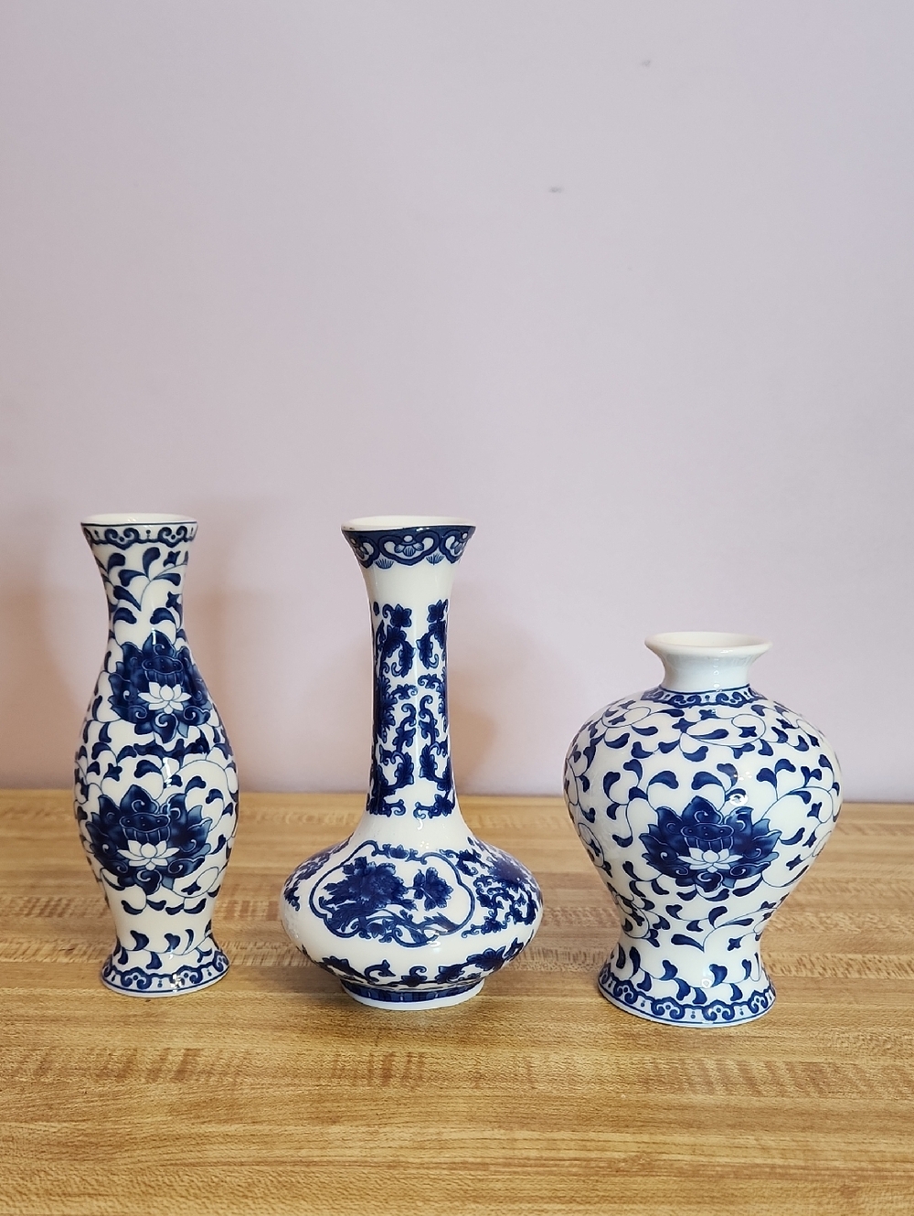 Chinese Porcelain Blue and White Floral Mini Vases - Set of 3